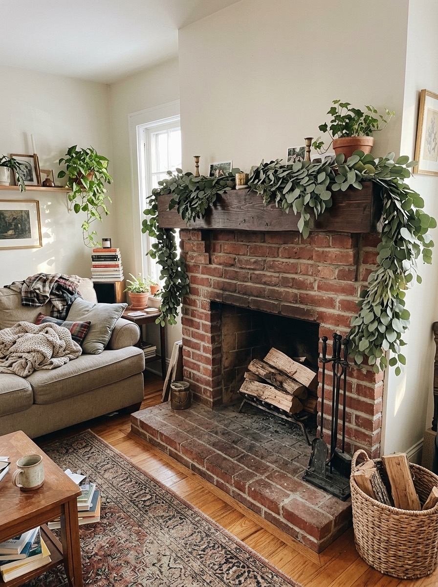 Decoración de chimenea en Navidad: chimenea de ladrillo con eucalipto