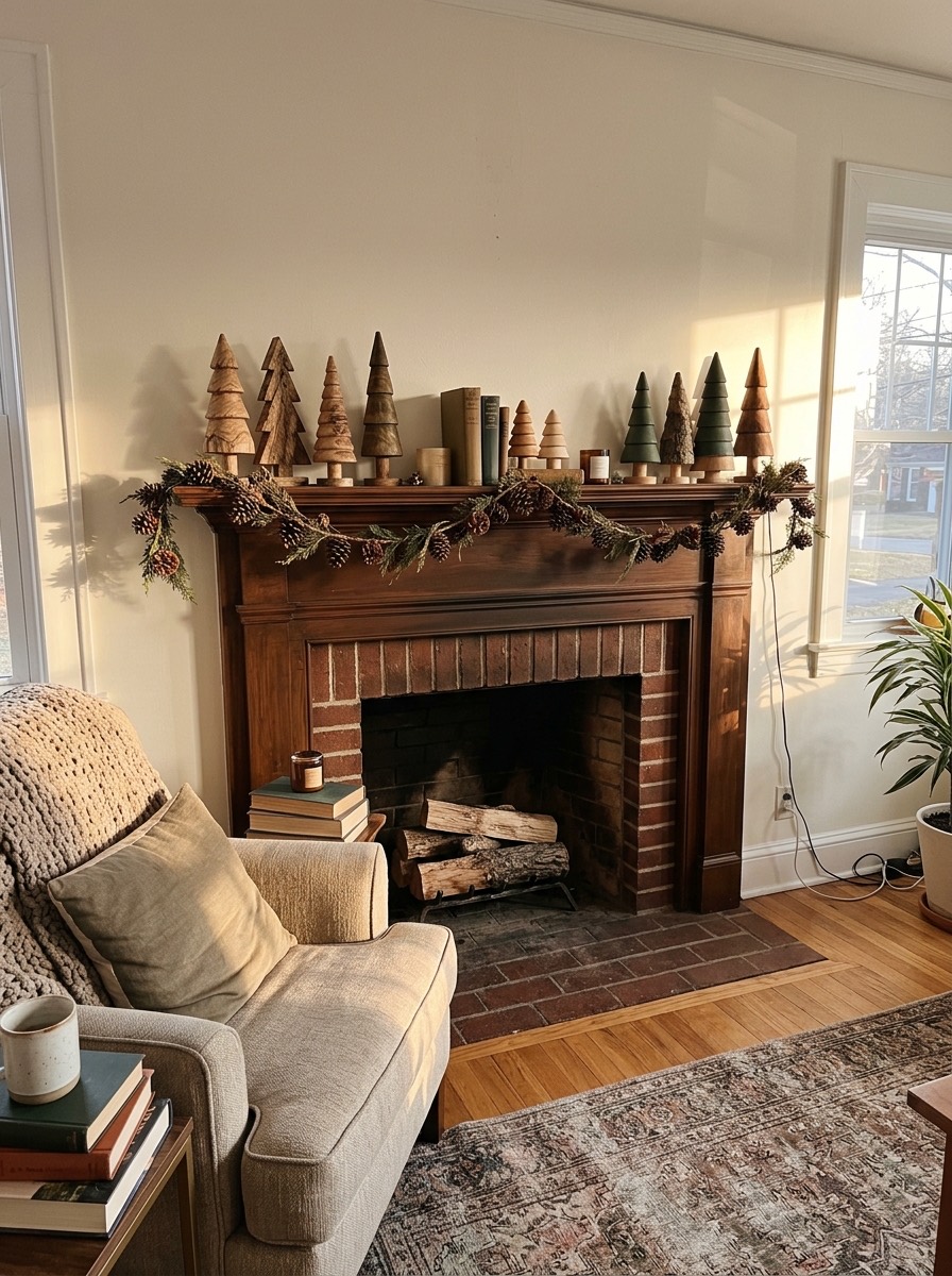 Decoración de chimenea en Navidad: repisa con pequeños árboles de madera
