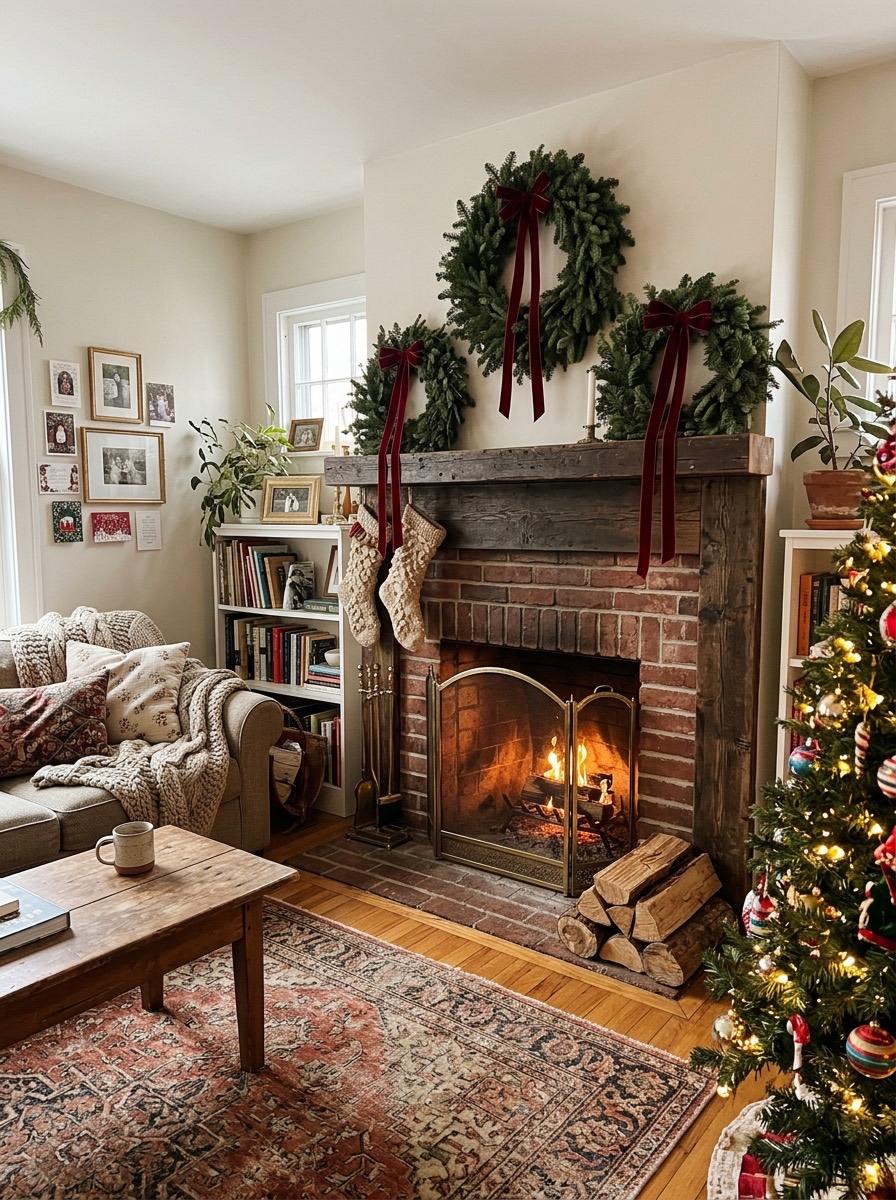 Decoración de chimenea en Navidad: coronas y lazos rojos de terciopelo
