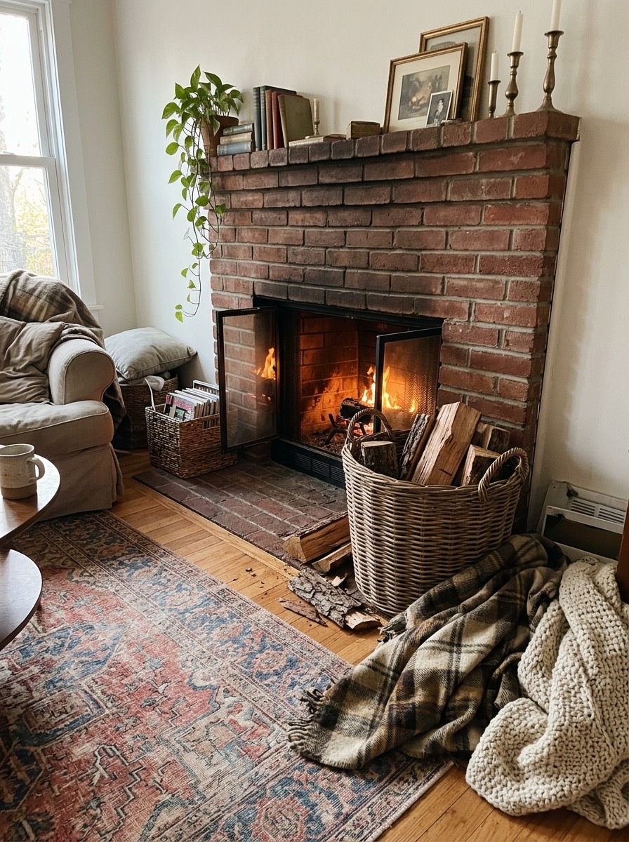 Decoración de chimenea en Navidad: cesta de leña y mantas de lana
