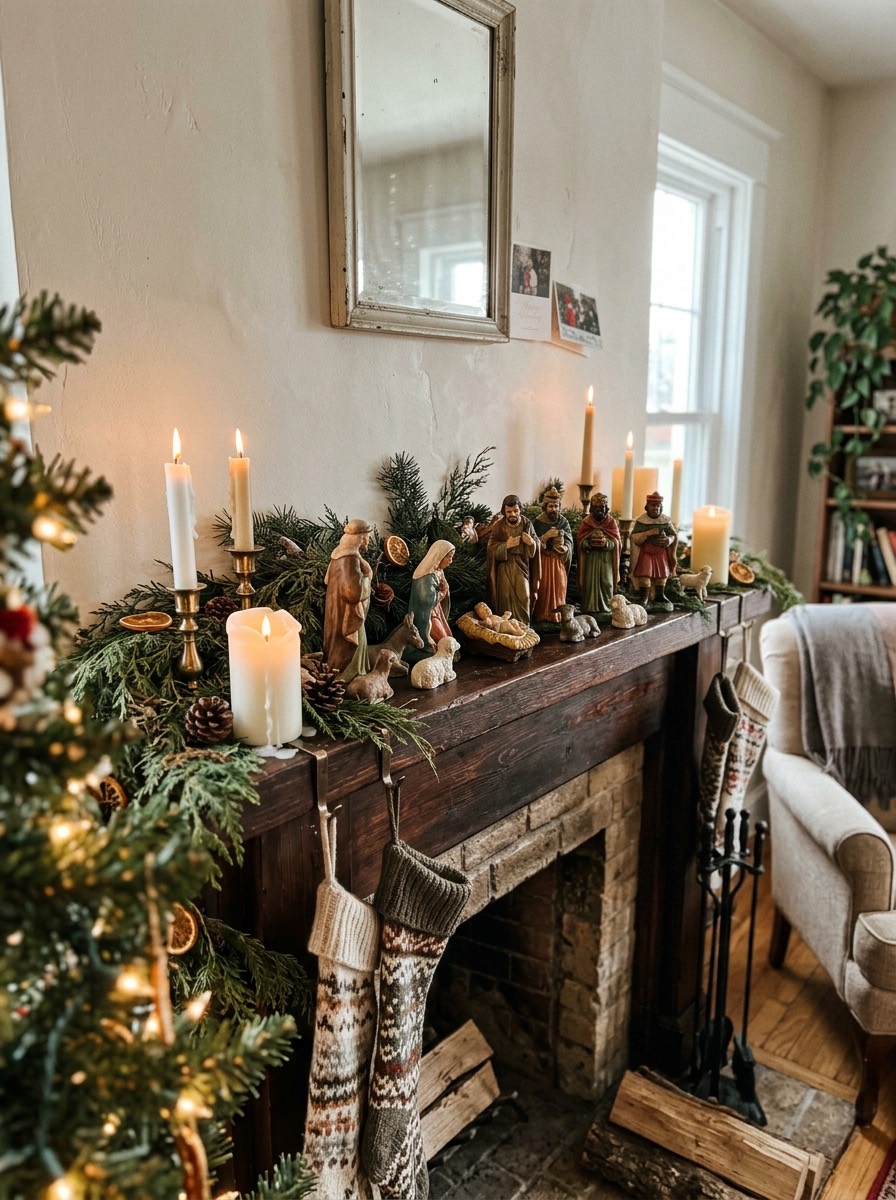 Decoración de chimenea en Navidad: figuritas de nacimiento y velas