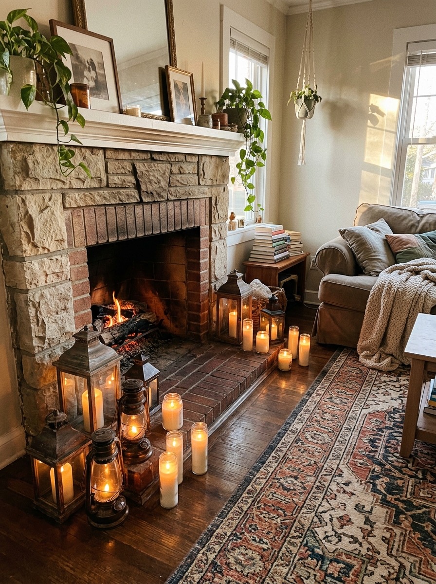 Decoración de chimenea en Navidad: farolillos y velas en el suelo