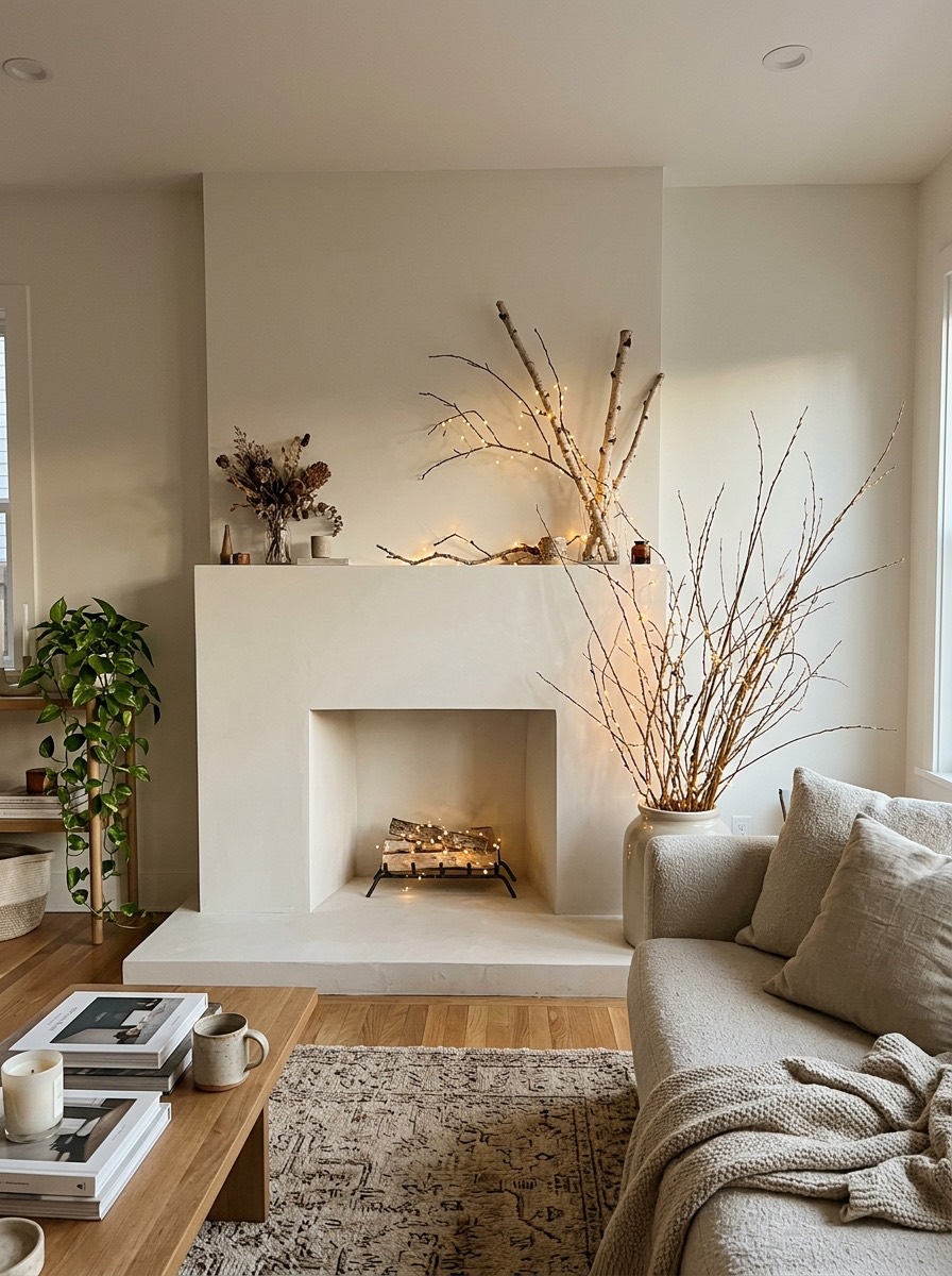 Decoración de chimenea en Navidad: chimenea moderna con ramas secas