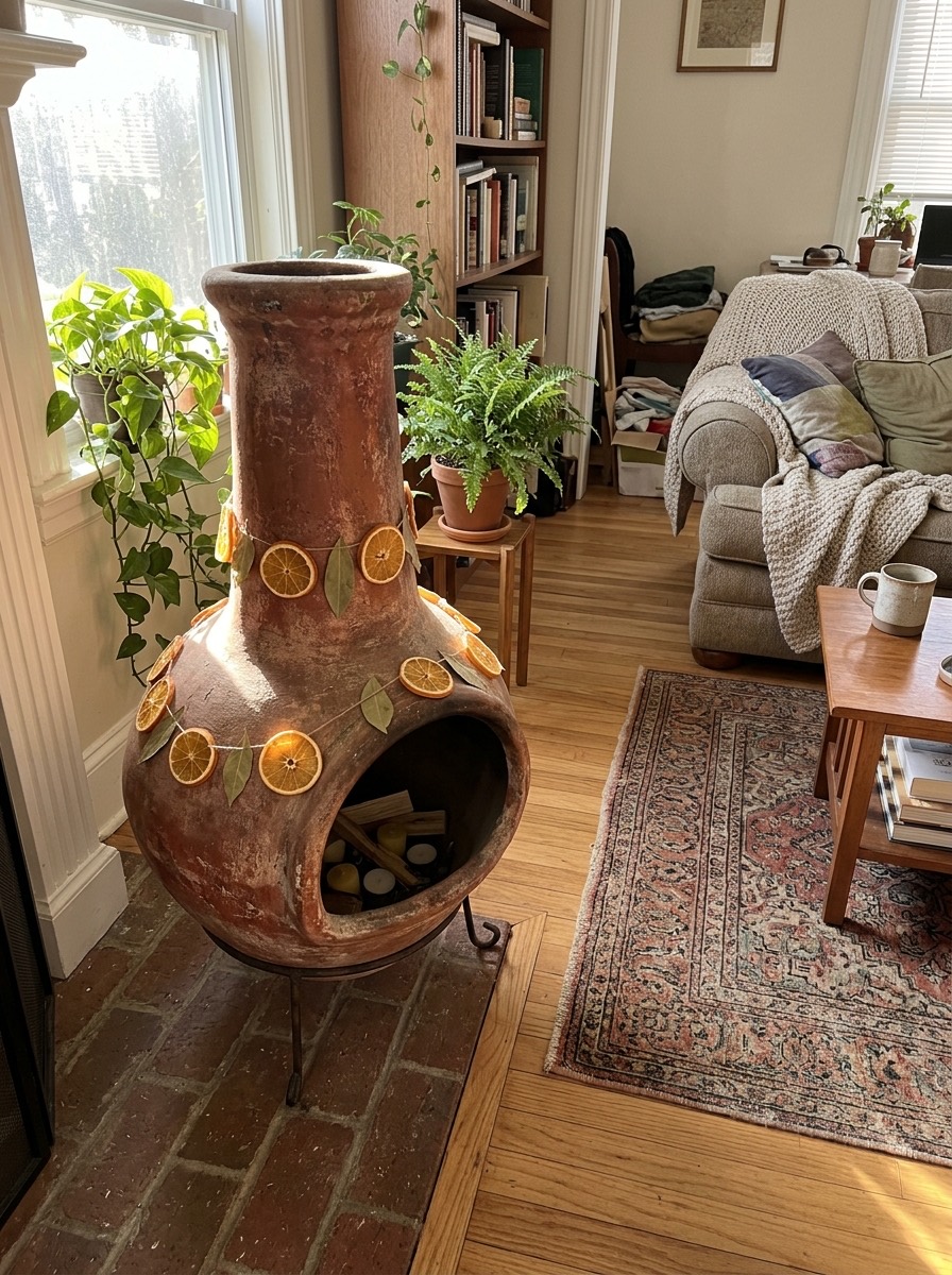 Decoración de chimenea en Navidad: guirnalda de naranjas secas