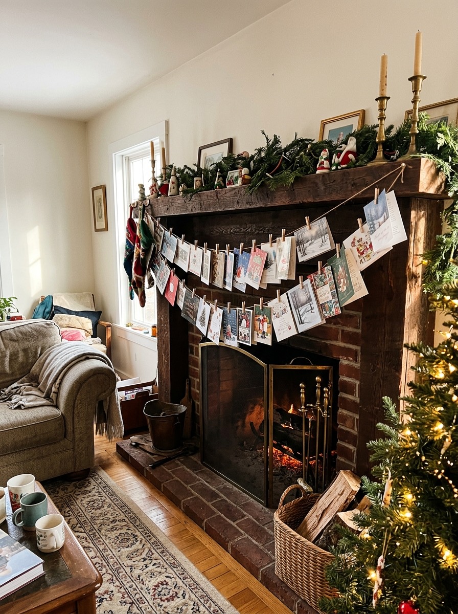 Decoración de chimenea en Navidad: tarjetas navideñas colgadas