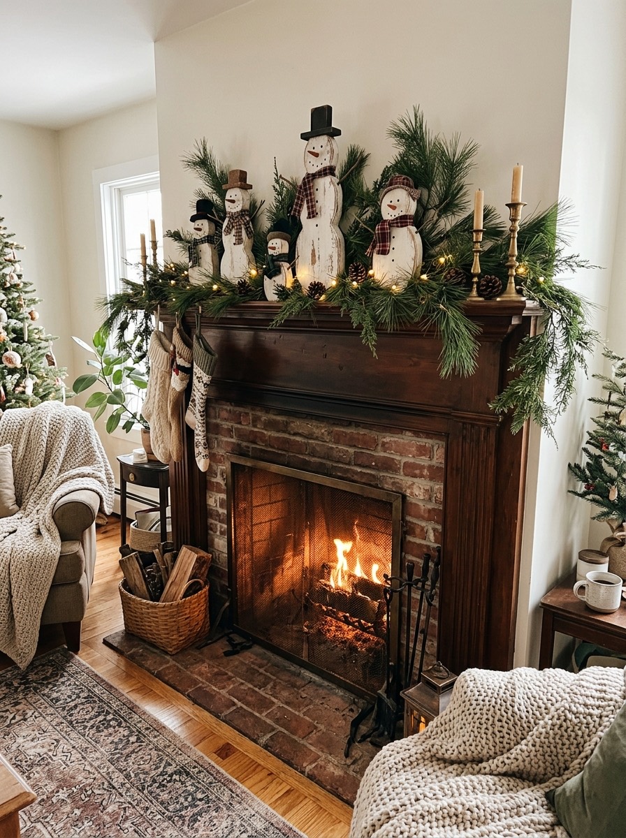 Decoración de chimenea en Navidad: muñecos de nieve de madera