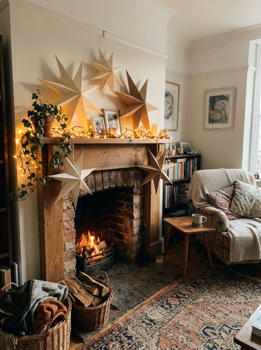 Decoración de chimenea en Navidad: luces cálidas y estrellas de papel