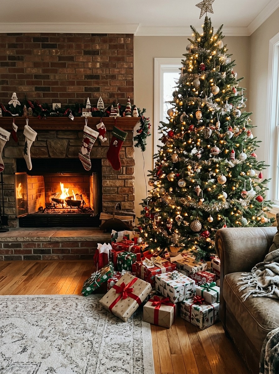 Decoración de chimenea en Navidad: árbol de navidad junto a la chimenea