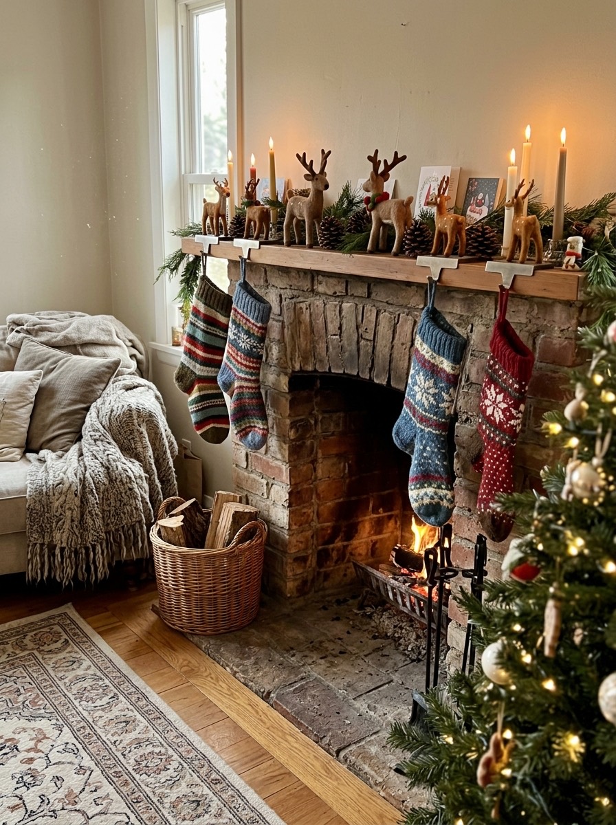 Decoración de chimenea en Navidad: calcetines de punto y renos de fieltro