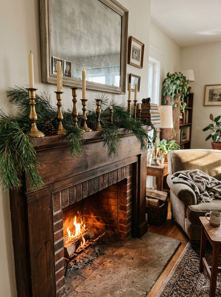 Decoración de chimenea en Navidad: candelabros dorados y ramas de pino