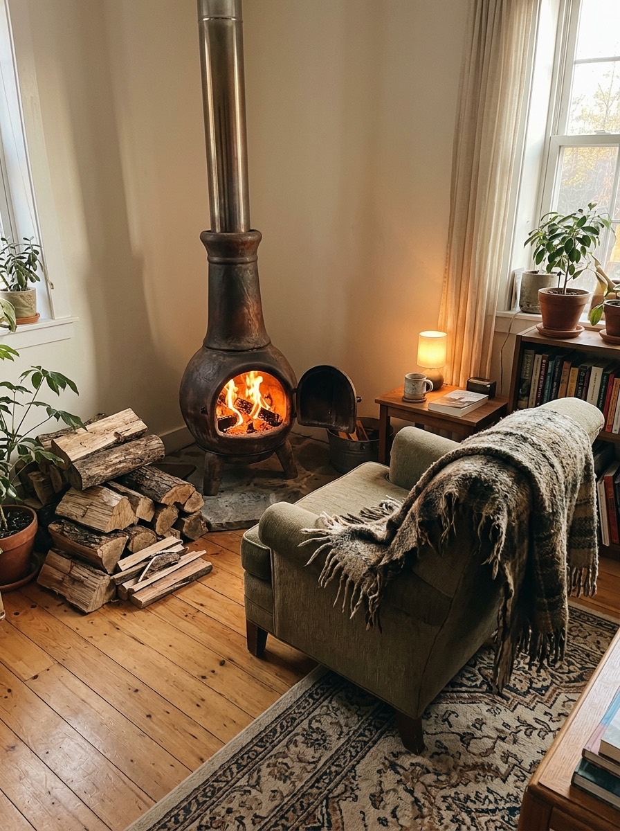 Decoración de chimenea en Navidad: troncos apilados y manta de lana