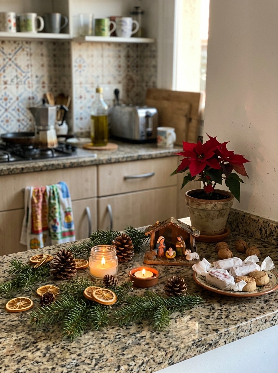 Cocina pequeña decorada para Navidad: encimera con pequeños adornos