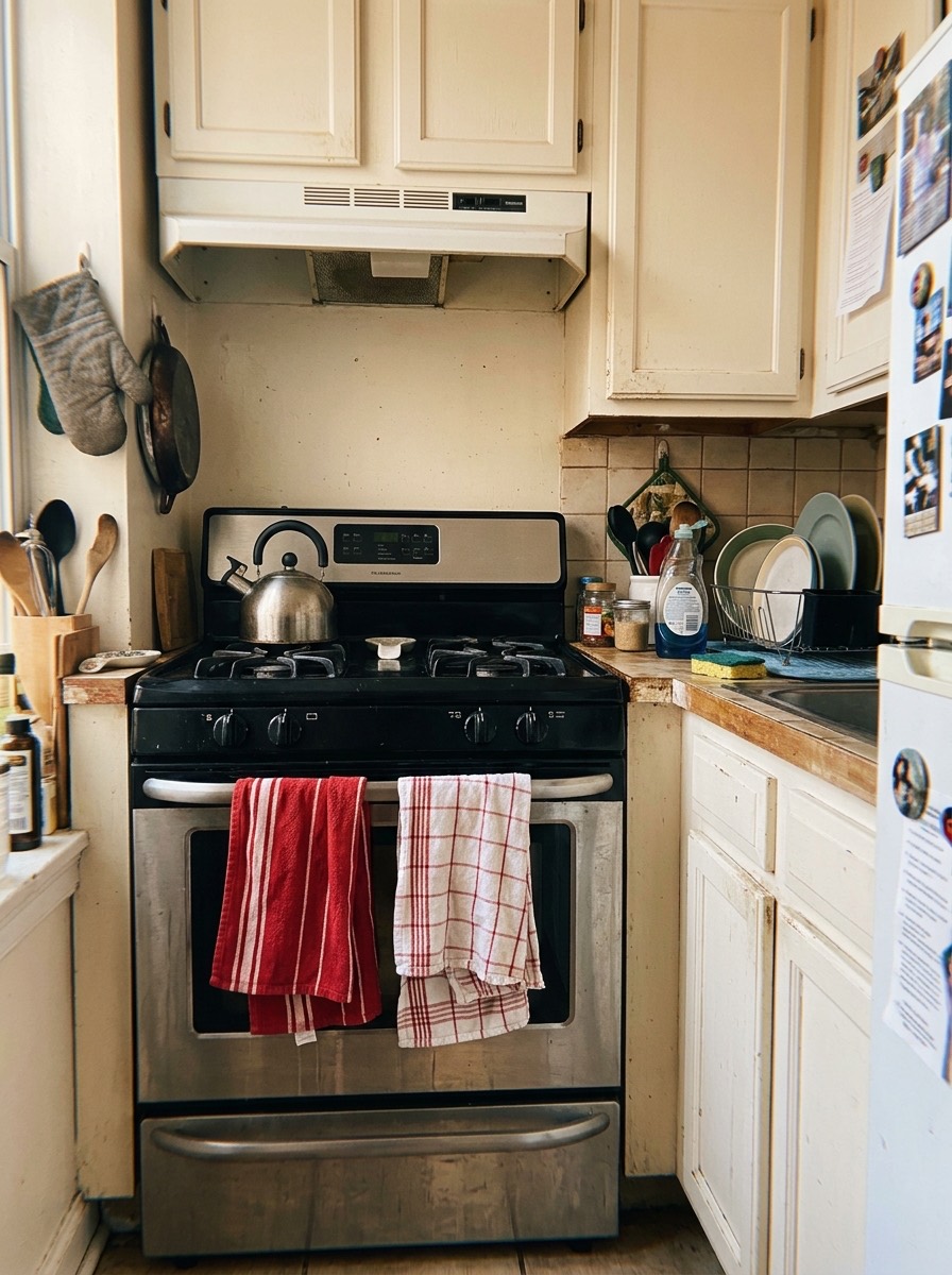 Cocina pequeña decorada para Navidad: trapos de cocina rojos y blancos