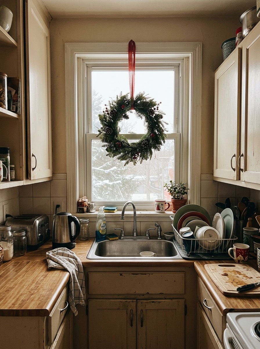 Cocina pequeña decorada para Navidad: corona navideña en la ventana