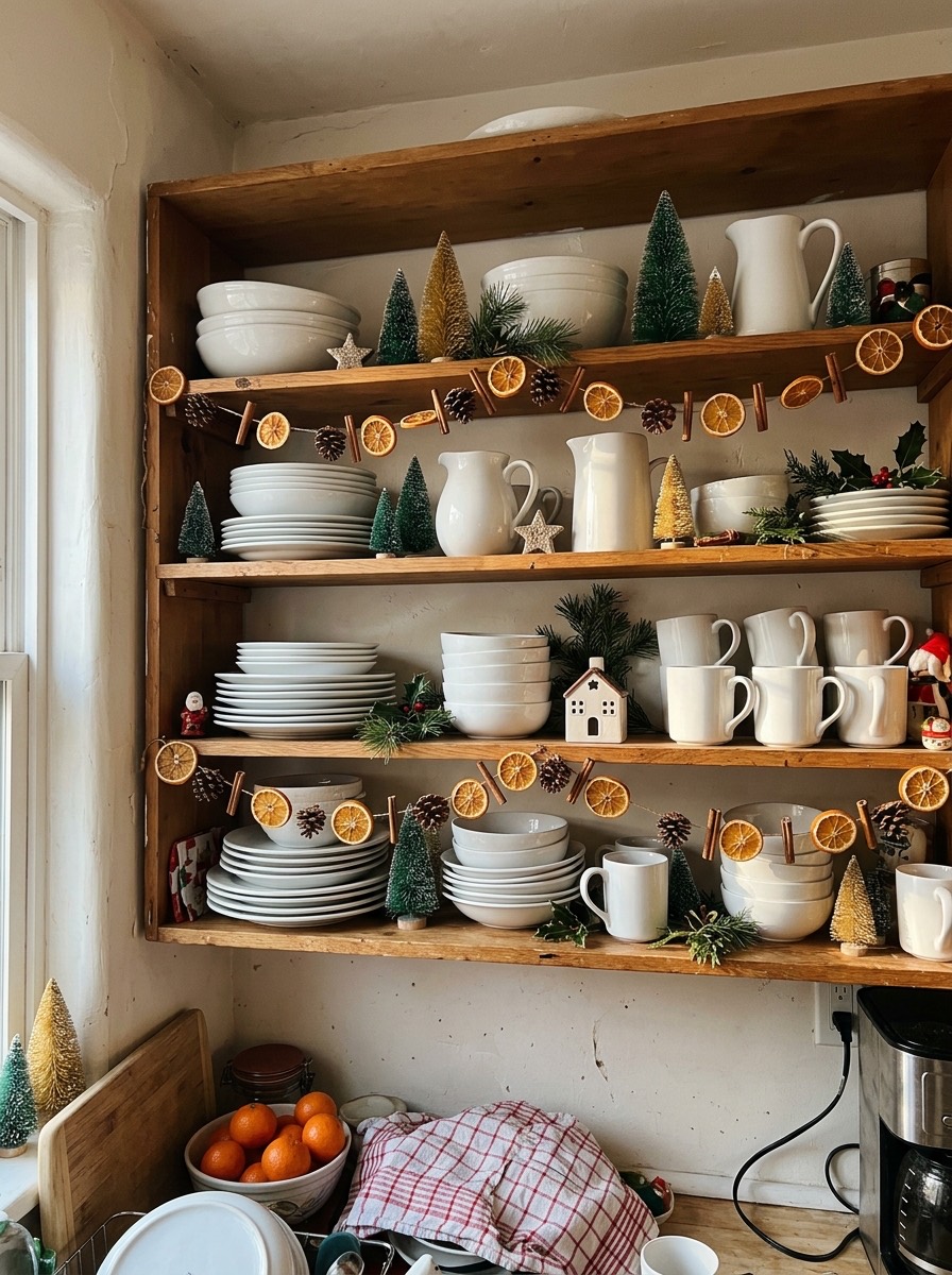 Cocina pequeña decorada para Navidad: estantes abiertos con vajilla navideña