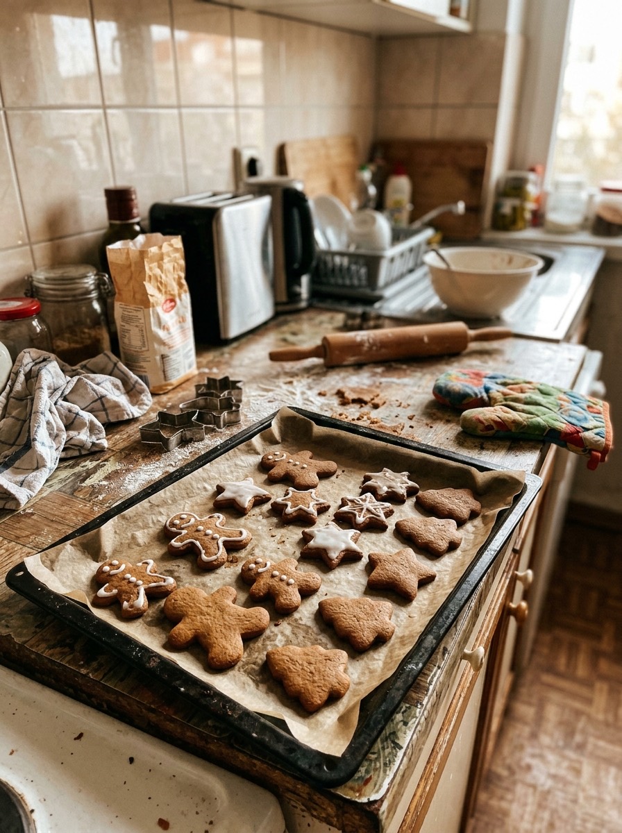 Cocina pequeña decorada para Navidad: galletas de jengibre en una bandeja