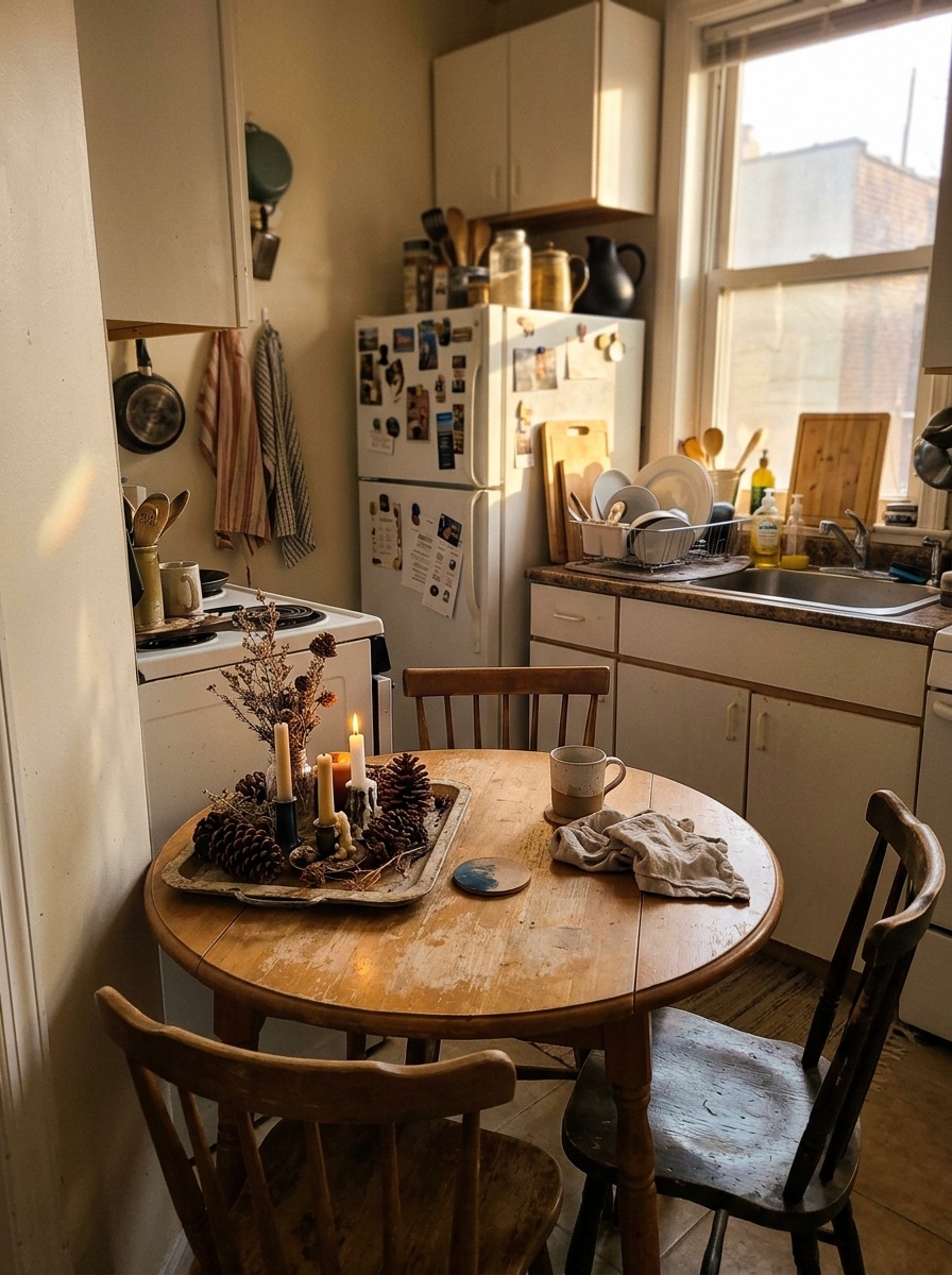 Cocina pequeña decorada para Navidad: mesa de cocina con centro de velas y piñas