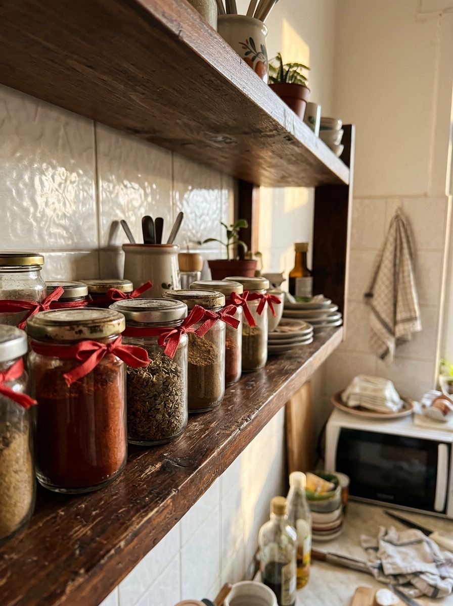 Cocina pequeña decorada para Navidad: tarros de especias con lazos