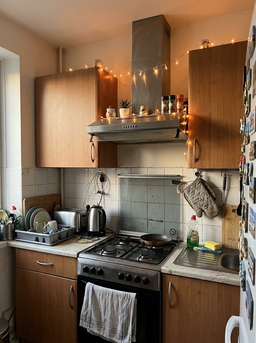 Cocina pequeña decorada para Navidad: luces cálidas sobre la campana