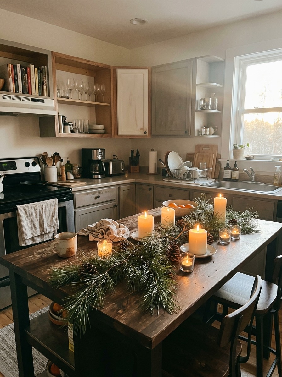 Cocina pequeña decorada para Navidad: isla de cocina con ramas de pino