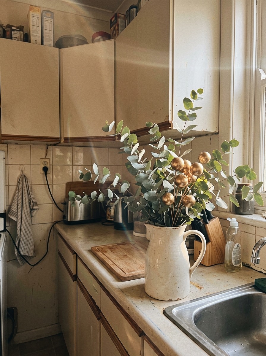 Cocina pequeña decorada para Navidad: jarra con eucalipto y bolas