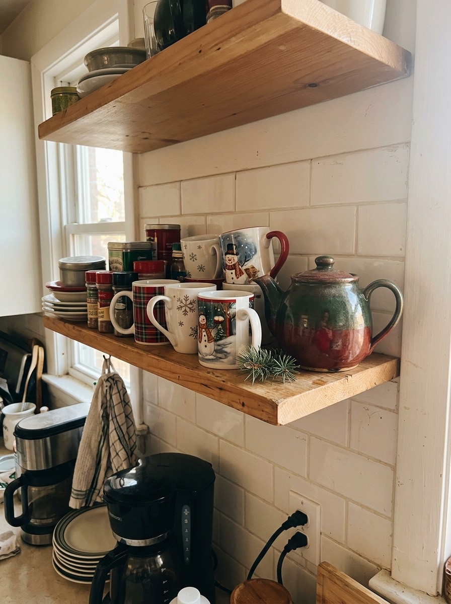 Cocina pequeña decorada para Navidad: tazas navideñas en la estantería