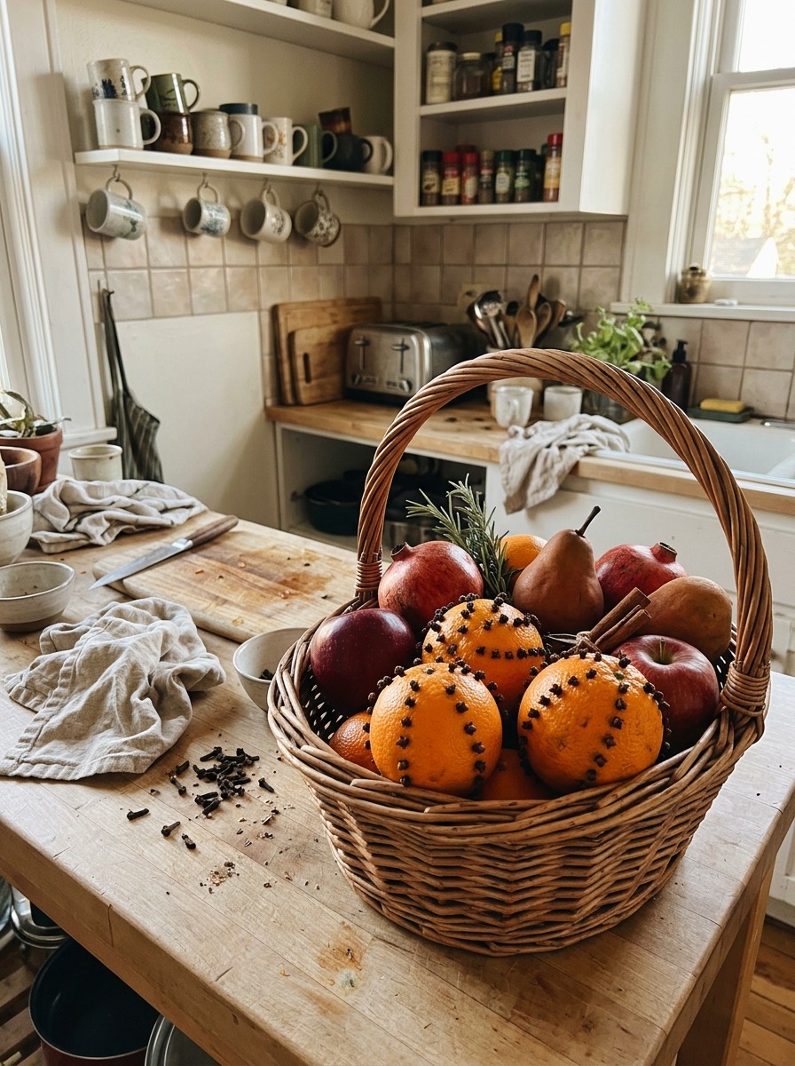 Cocina pequeña decorada para Navidad: cesta con naranjas y frutas de temporada