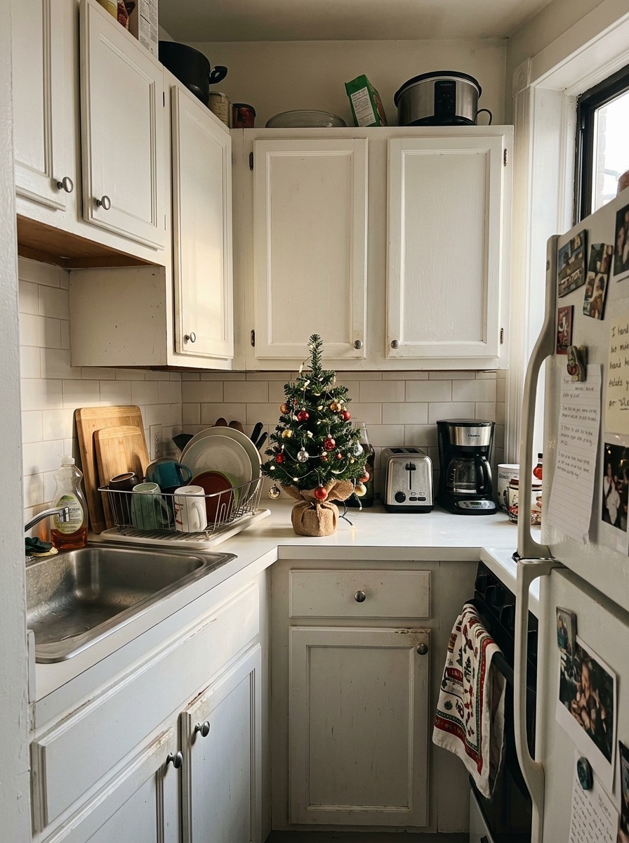 Cocina pequeña decorada para Navidad: cocina blanca con árbol diminuto