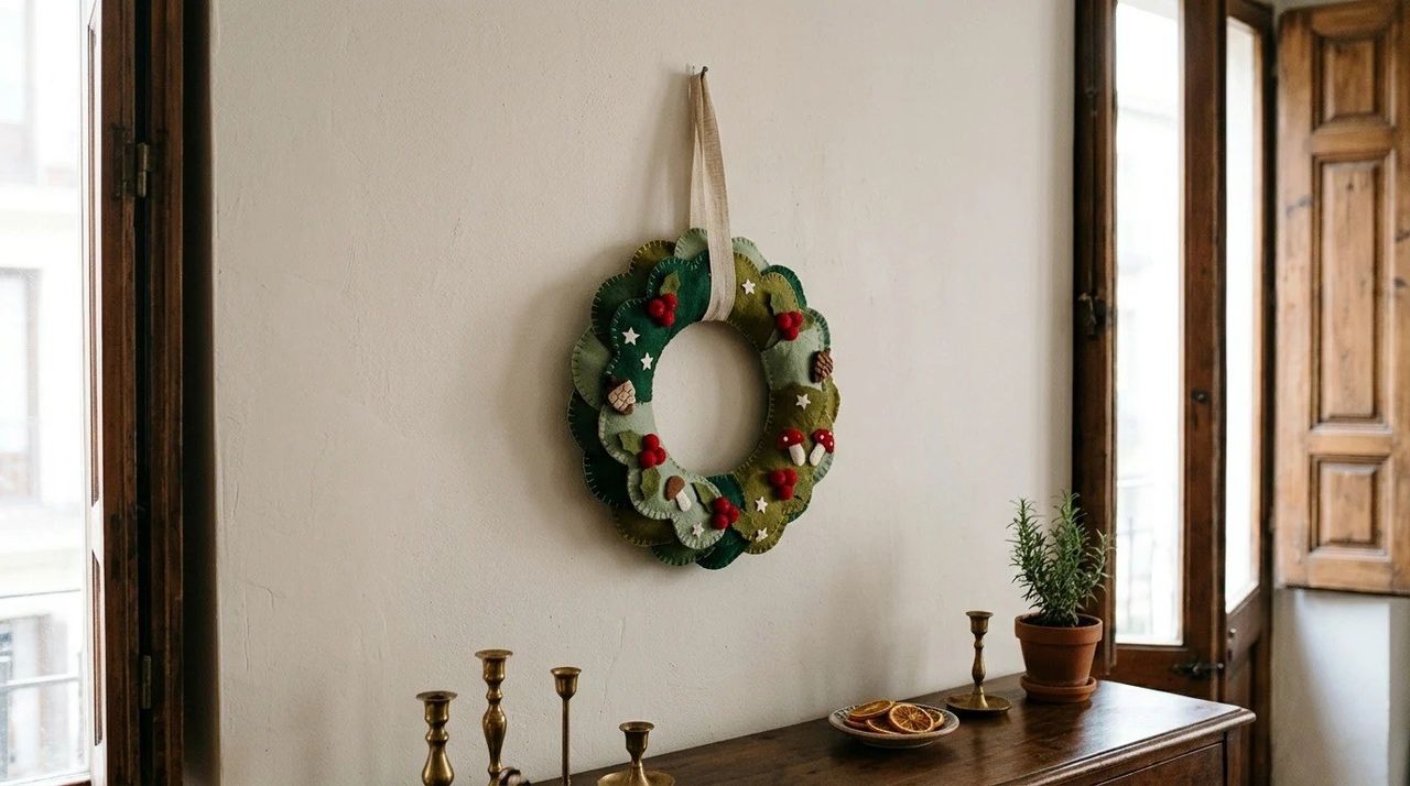Corona de fieltro para quienes cosen - Coronas de Navidad caseras: 12 ideas fáciles para tu puerta