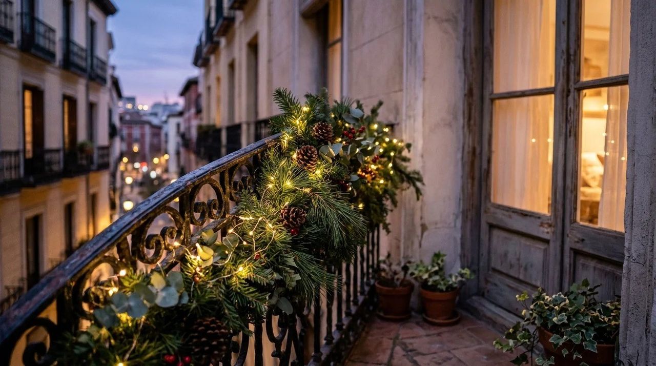 Cortina de luces en la barandilla - Decoración navideña para balcones y terrazas: 12 ideas con luces y plantas