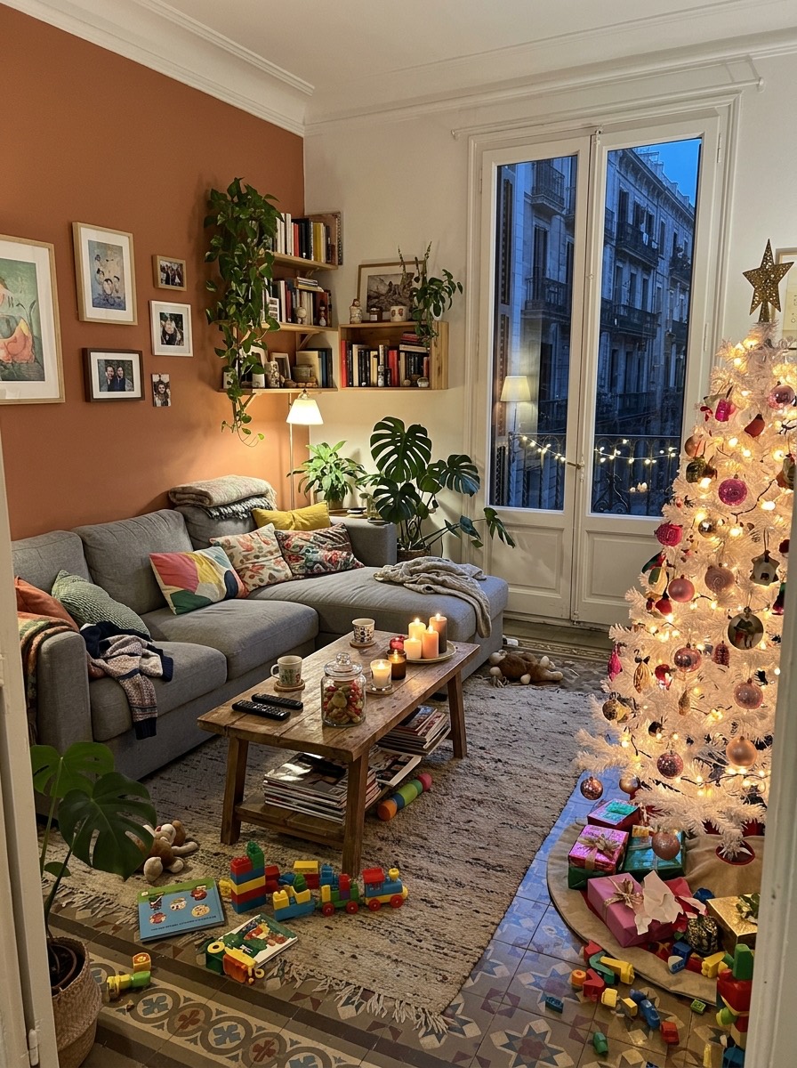Decoración navideña de salón 2026: salón moderno en terracota con árbol blanco