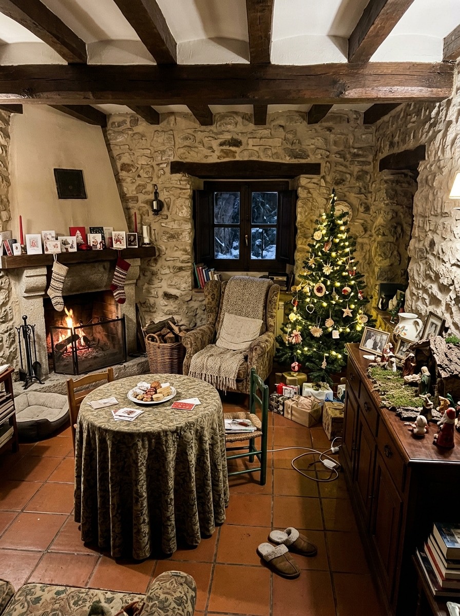 Decoración navideña de salón 2026: salón rústico con chimenea y belén
