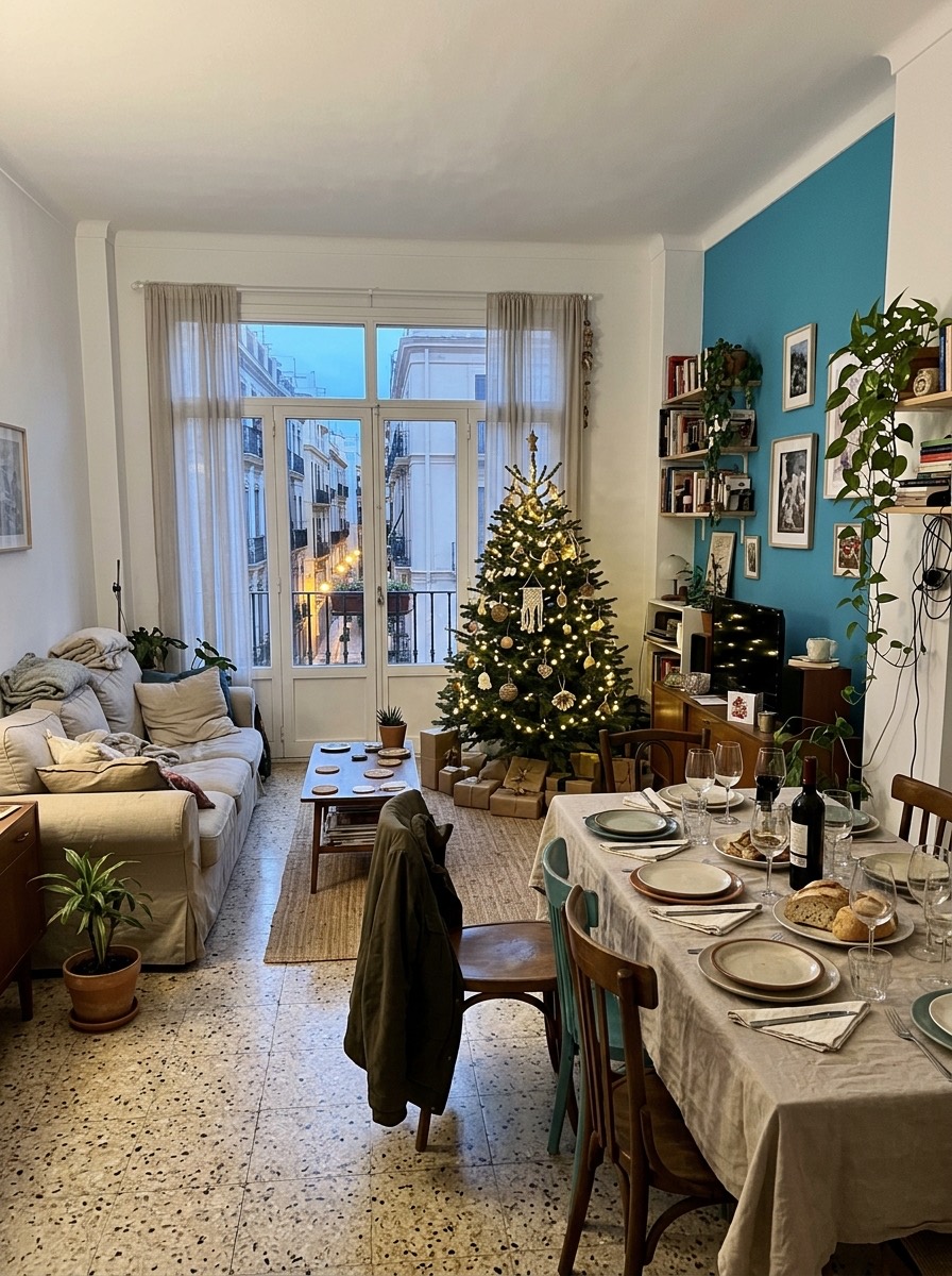 Decoración navideña de salón 2026: salón luminoso mediterráneo con adornos de esparto