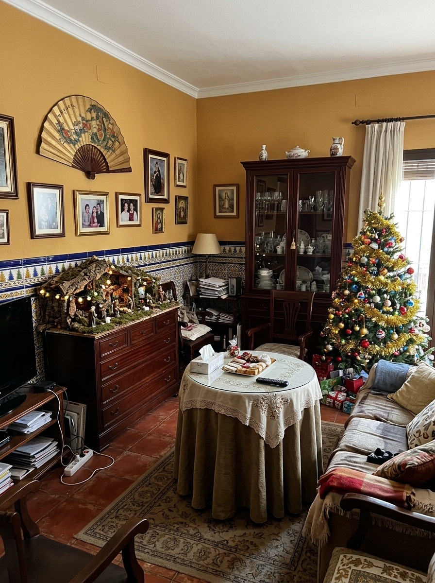 Decoración navideña de salón 2026: salón clásico andaluz con belén y azulejos