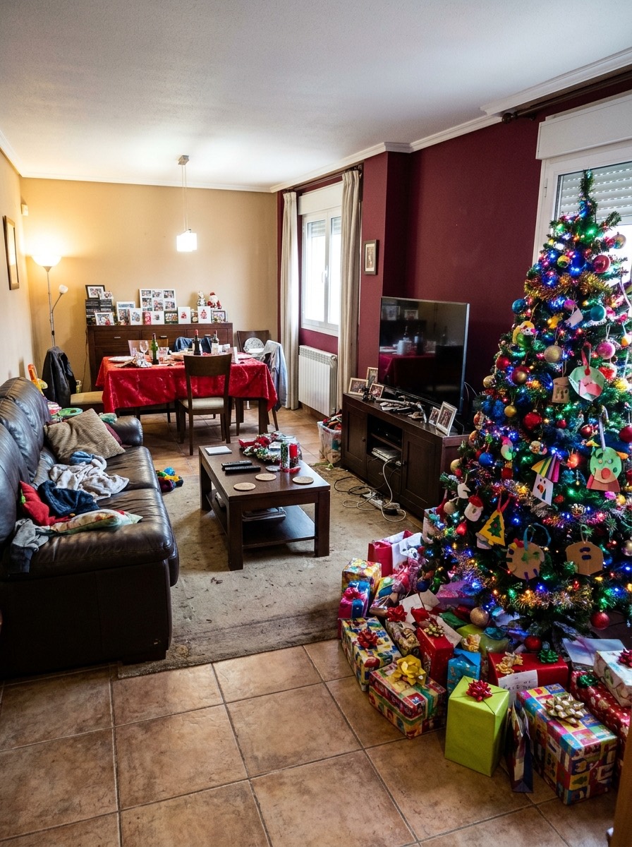 Decoración navideña de salón 2026: salón familiar con árbol grande y regalos