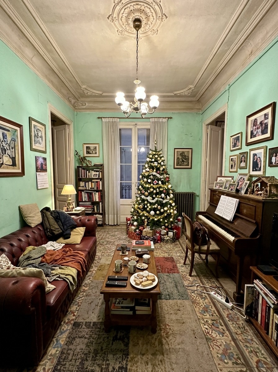 Decoración navideña de salón 2026: salón de piso antiguo con techos altos y piano