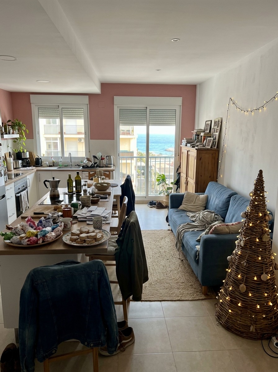 Decoración navideña de salón 2026: salón-cocina abierto con árbol de mimbre