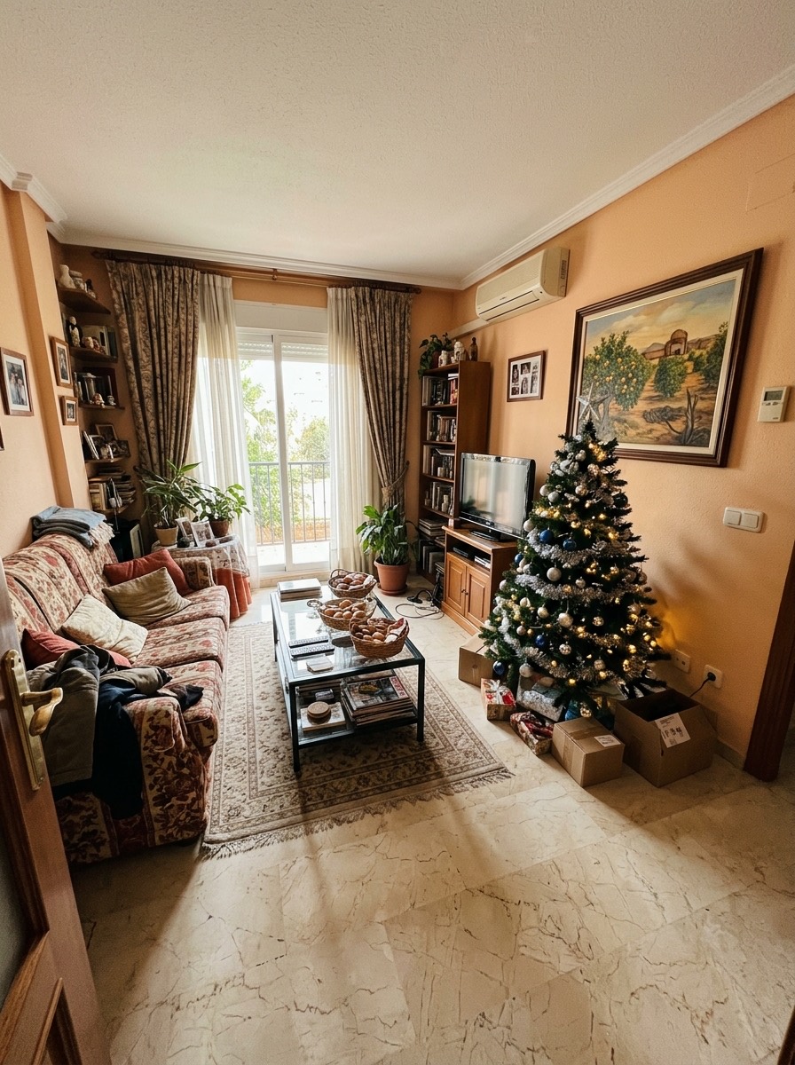 Decoración navideña de salón 2026: salón con árbol plateado y azul