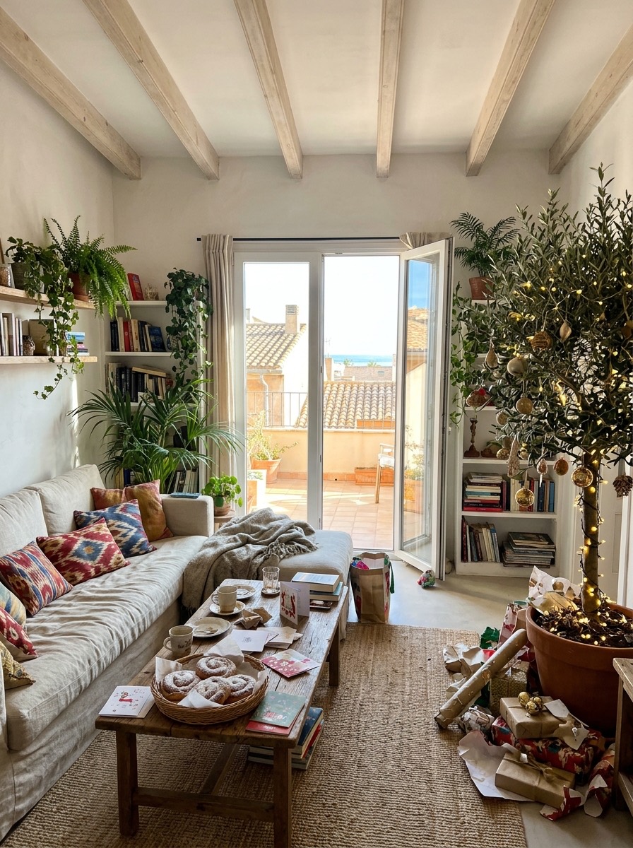 Decoración navideña de salón 2026: salón mediterráneo con árbol de olivo