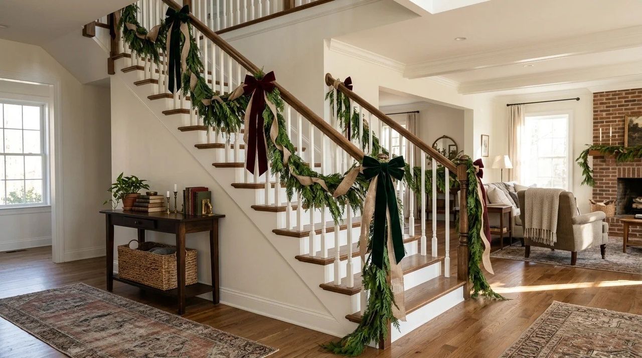 Lazos de tela y cintas de terciopelo - 12 ideas para decorar las escaleras en Navidad con guirnaldas y luces