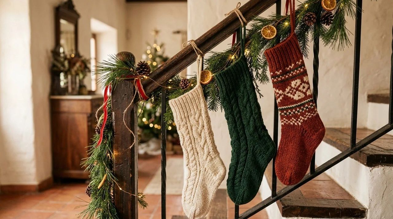 Medias y calcetines navideños - 12 ideas para decorar las escaleras en Navidad con guirnaldas y luces
