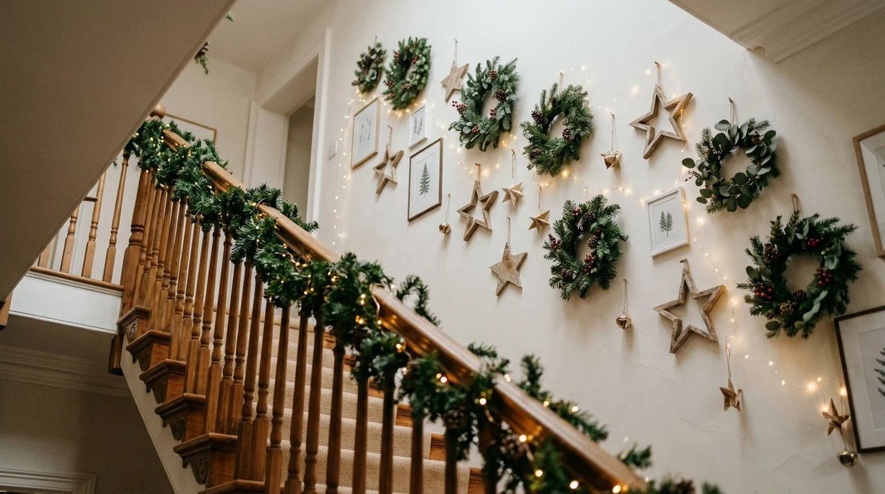 La pared como lienzo - 12 ideas para decorar las escaleras en Navidad con guirnaldas y luces