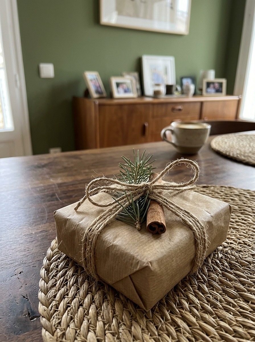 Idea para envolver regalos de Navidad: papel kraft con cordón de yute y ramita de pino