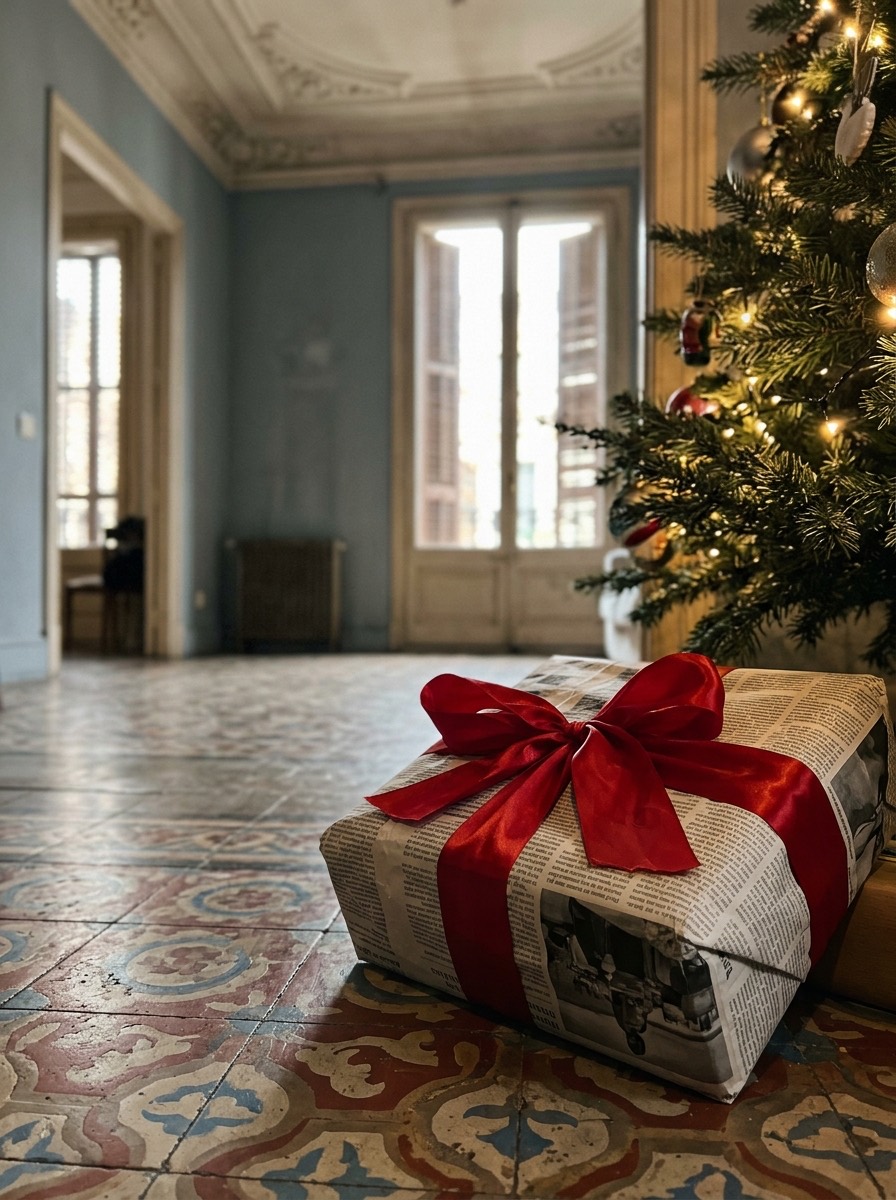 Idea para envolver regalos de Navidad: papel de periódico con lazo rojo
