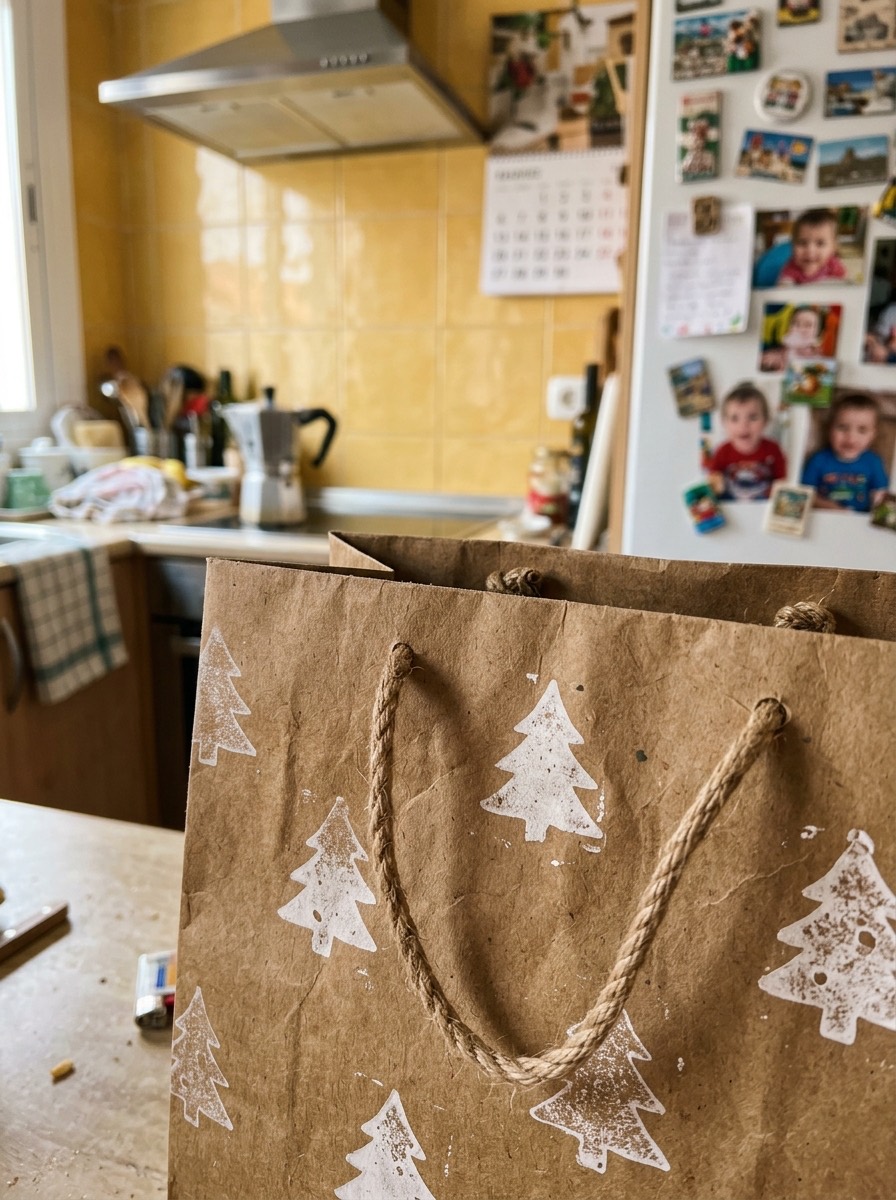 Idea para envolver regalos de Navidad: bolsa de papel reciclada con sellos
