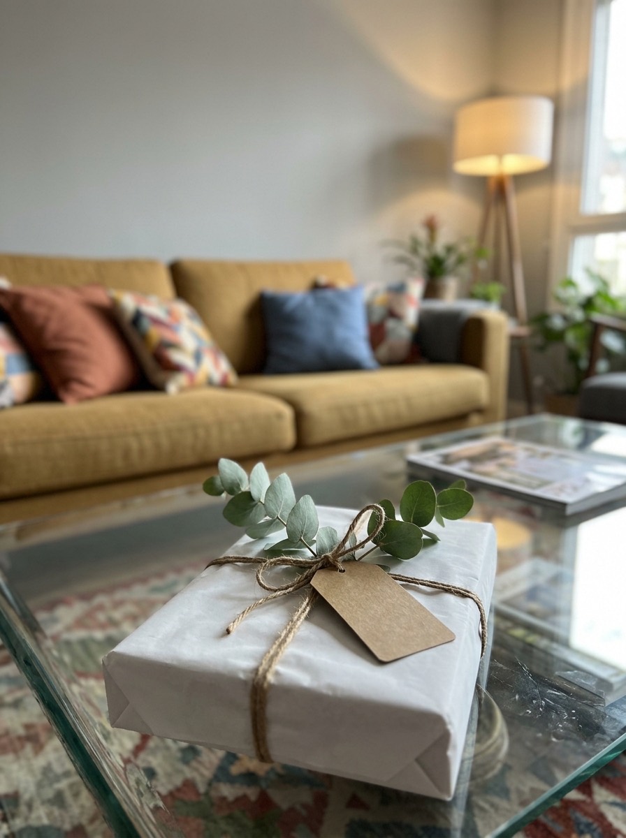 Idea para envolver regalos de Navidad: papel blanco con eucalipto y etiqueta de cartón