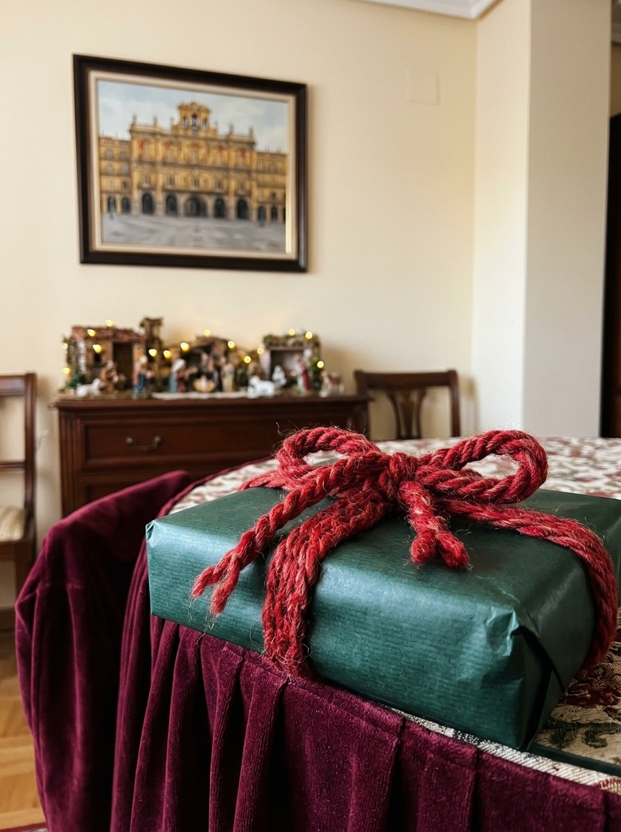 Idea para envolver regalos de Navidad: lazo de lana tejida a punto grueso