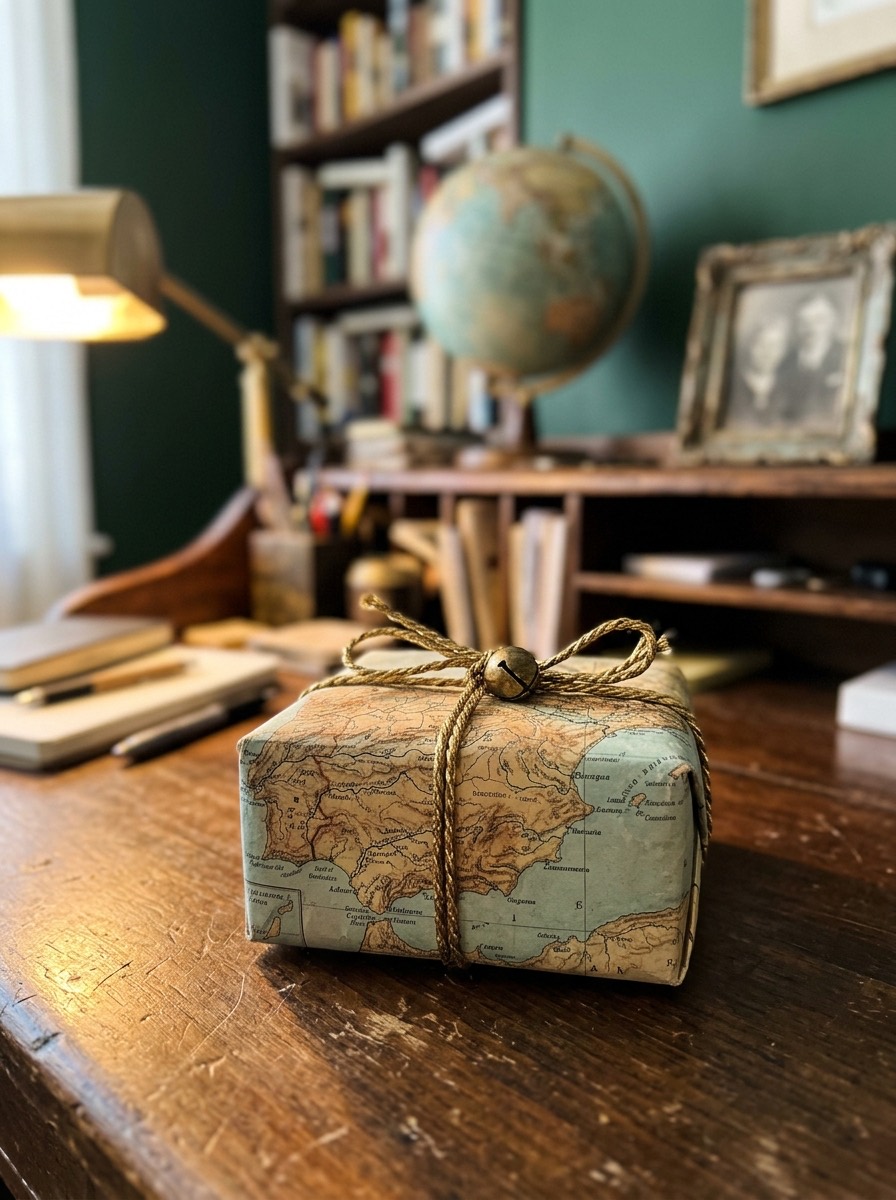 Idea para envolver regalos de Navidad: mapa antiguo con cordón dorado