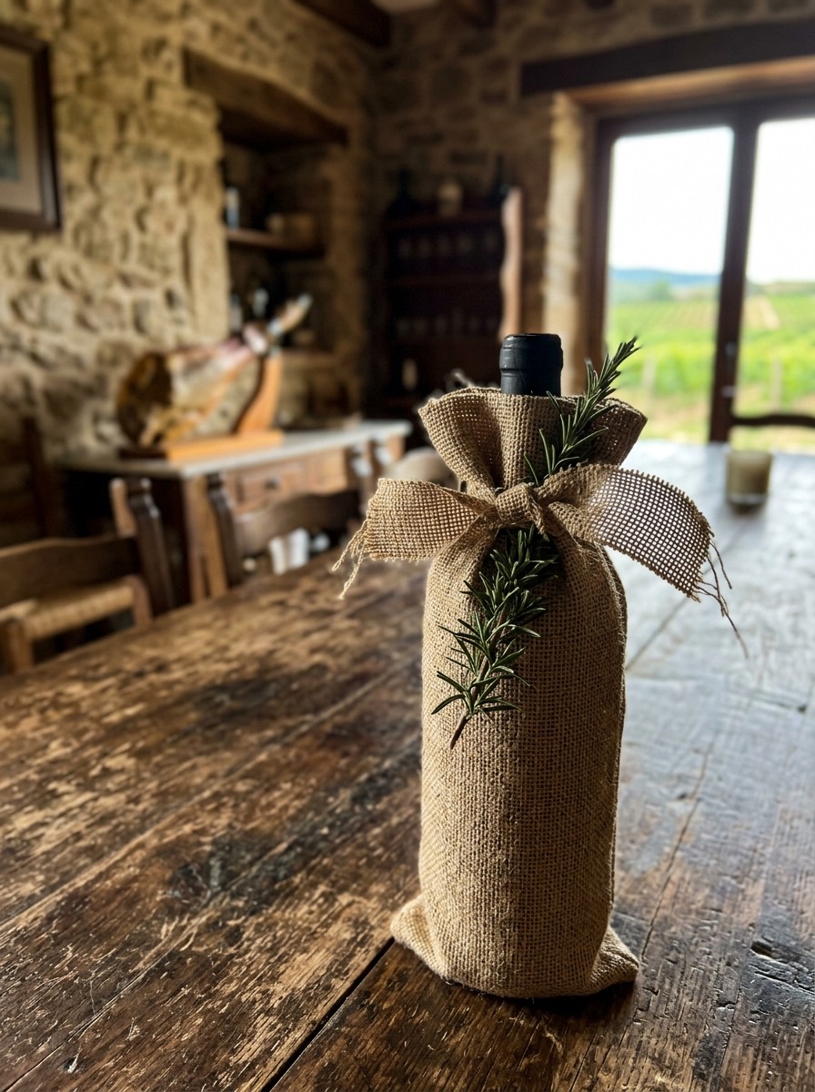 Idea para envolver regalos de Navidad: botella envuelta en saco de yute