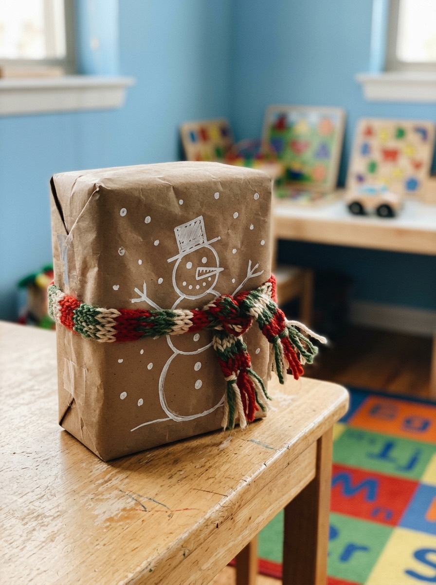 Idea para envolver regalos de Navidad: papel de estraza con muñeco de nieve dibujado